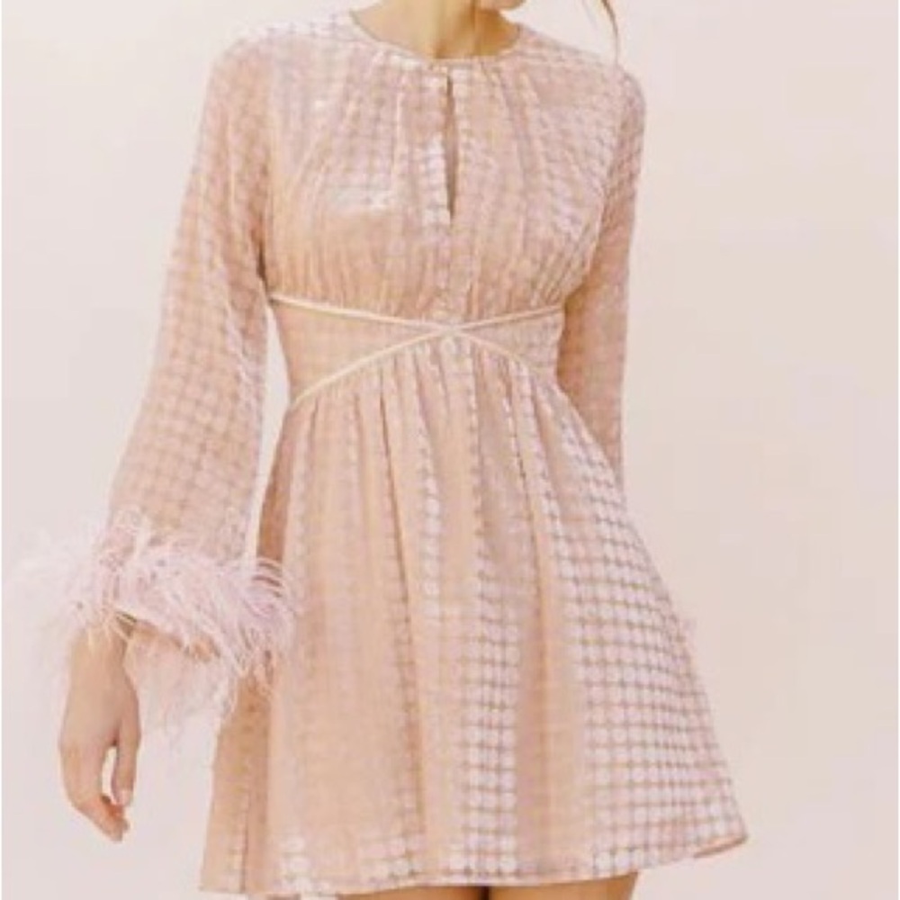 Storia Velvet Blush Mini Dress with Feather Cuffs and Keyhole Neckline